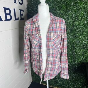 J. Crew Plaid Button-Front Shirt Jacket in Pink and Blue